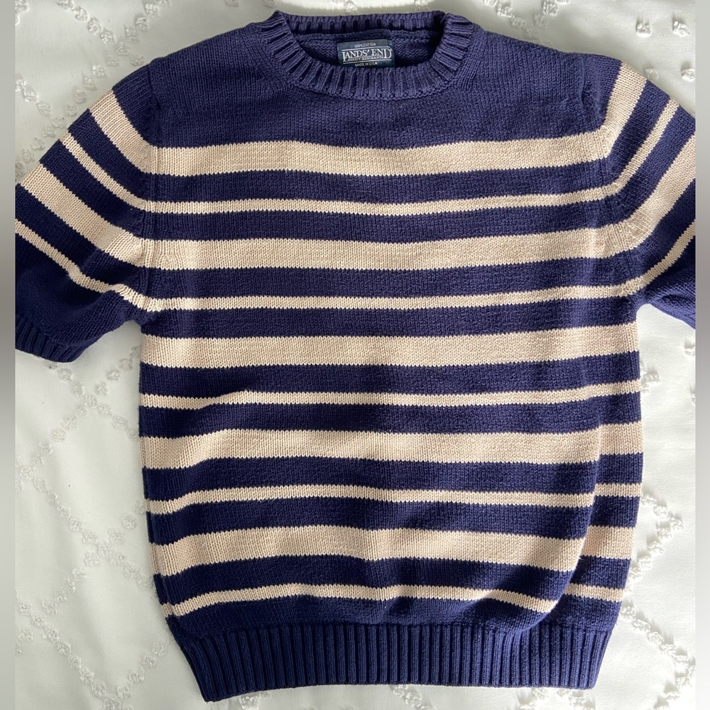 Lands End Vintage Short Sleeve Sweater Cream Navy Nautical Coastal Grandma Knit - Picture 2 of 9
